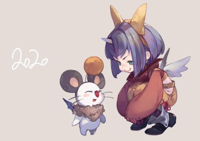 1girl 2020 animal_ears blue_eyes bow closed_mouth creature eiko_carol fake_animal_ears final_fantasy final_fantasy_ix hairband horn jikan_hakushaku mini_wings moogle mouse_ears purple_hair short_hair smile squatting white_wings wings yellow_bow yellow_hairband