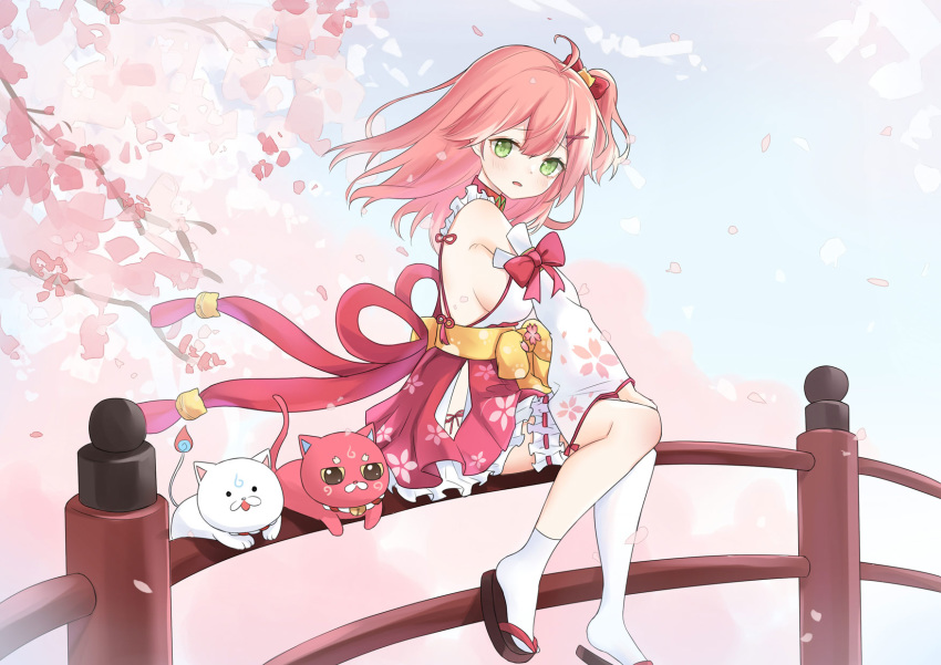 1girl 35p_(miko_channel) ahoge arisu_iroyu bare_shoulders blush breasts cat cherry_blossom_print cherry_blossoms detached_sleeves eyebrows_visible_through_hair floral_print green_eyes hair_between_eyes hair_ornament hairclip highres hololive kintoki_(miko_channel) leg_garter long_hair open_mouth outdoors petals pink_cat pink_hair sakura_miko sandals sideboob sitting virtual_youtuber white_cat white_legwear
