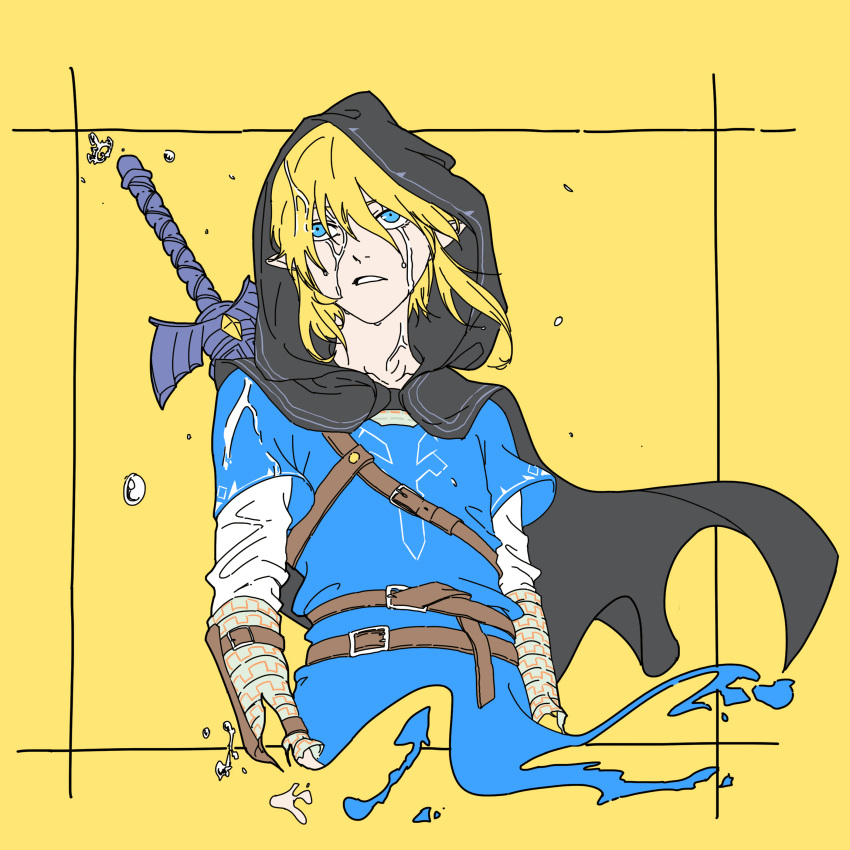 1boy absurdres bangs belt blonde_hair blue_eyes cape capelet highres hood jewelry link long_sleeves looking_up male_focus master_sword open_mouth pointy_ears rain sidelocks simple_background solo sword the_legend_of_zelda the_legend_of_zelda:_breath_of_the_wild the_legend_of_zelda:_breath_of_the_wild_2 upper_body water_drop weapon wet yellow_background ze_ro