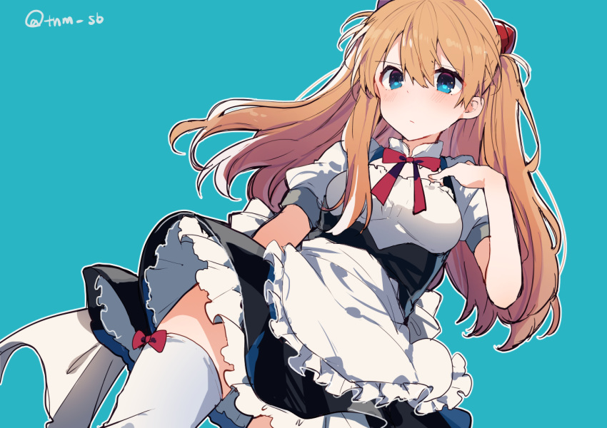 1girl alternate_costume apron arm_at_side black_skirt blue_background blue_eyes blush breasts enmaided frilled_apron frills from_below hair_ornament hand_on_own_chest hand_up high-waist_skirt ikeuchi_tanuma long_hair looking_at_viewer looking_down maid maid_apron medium_breasts neon_genesis_evangelion orange_hair petticoat red_neckwear red_ribbon ribbon shirt short_sleeves simple_background skirt solo souryuu_asuka_langley striped suspender_skirt suspenders thigh-highs twitter_username waist_apron white_apron white_legwear white_shirt