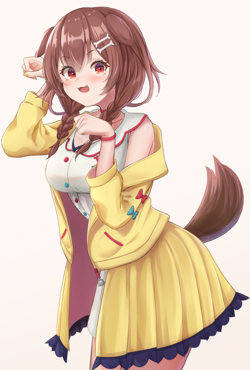 1girl :3 animal_ears blush bone_hair_ornament braid breasts brown_hair choker cowboy_shot dog_ears dog_girl dog_tail dress eyebrows_visible_through_hair fang hair_between_eyes higashigure highres hololive inugami_korone jacket looking_at_viewer medium_breasts medium_hair nail_polish off_shoulder open_mouth paw_pose red_eyes side_braids simple_background sleeveless sleeveless_dress solo tail twin_braids unzipped virtual_youtuber white_background white_dress yellow_jacket yellow_nails