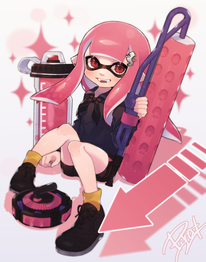 1girl artist_name bangs bike_shorts black_blouse black_footwear black_neckwear black_shorts blouse blunt_bangs blunt_ends commentary cross-laced_footwear curling_bomb_(splatoon) directional_arrow domino_mask earrings english_commentary fangs hair_ornament highres holding holding_weapon ink_tank_(splatoon) inkling jewelry light_blush long_hair looking_at_viewer mask neckerchief pink_hair pointy_ears prat_rat red_eyes school_uniform serafuku shadow shoes short_shorts shorts single_vertical_stripe sitting socks solo sparkle splat_roller_(splatoon) splatoon_(series) splatoon_2 tentacle_hair weapon yellow_legwear