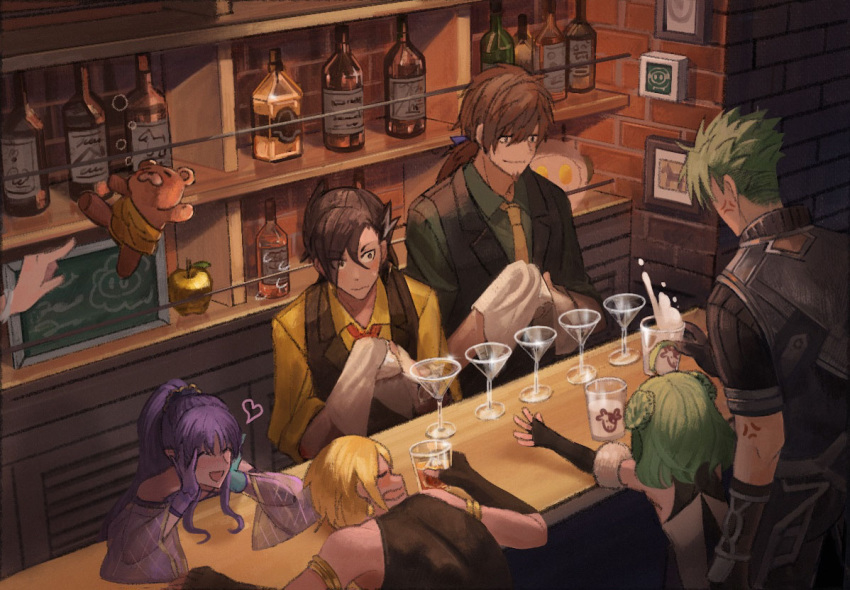 achilles_(fate) alcohol anger_vein bar black_hair blonde_hair bottle brown_hair caster_lily cleaning drunk facial_hair fate/grand_order fate_(series) formal glass goatee golden_apple green_hair heart hector_(fate/grand_order) jason_(fate/grand_order) mandricardo_(fate/grand_order) milk necktie orion_(fate/grand_order) paris_(fate/grand_order) ponytail purple_hair suit