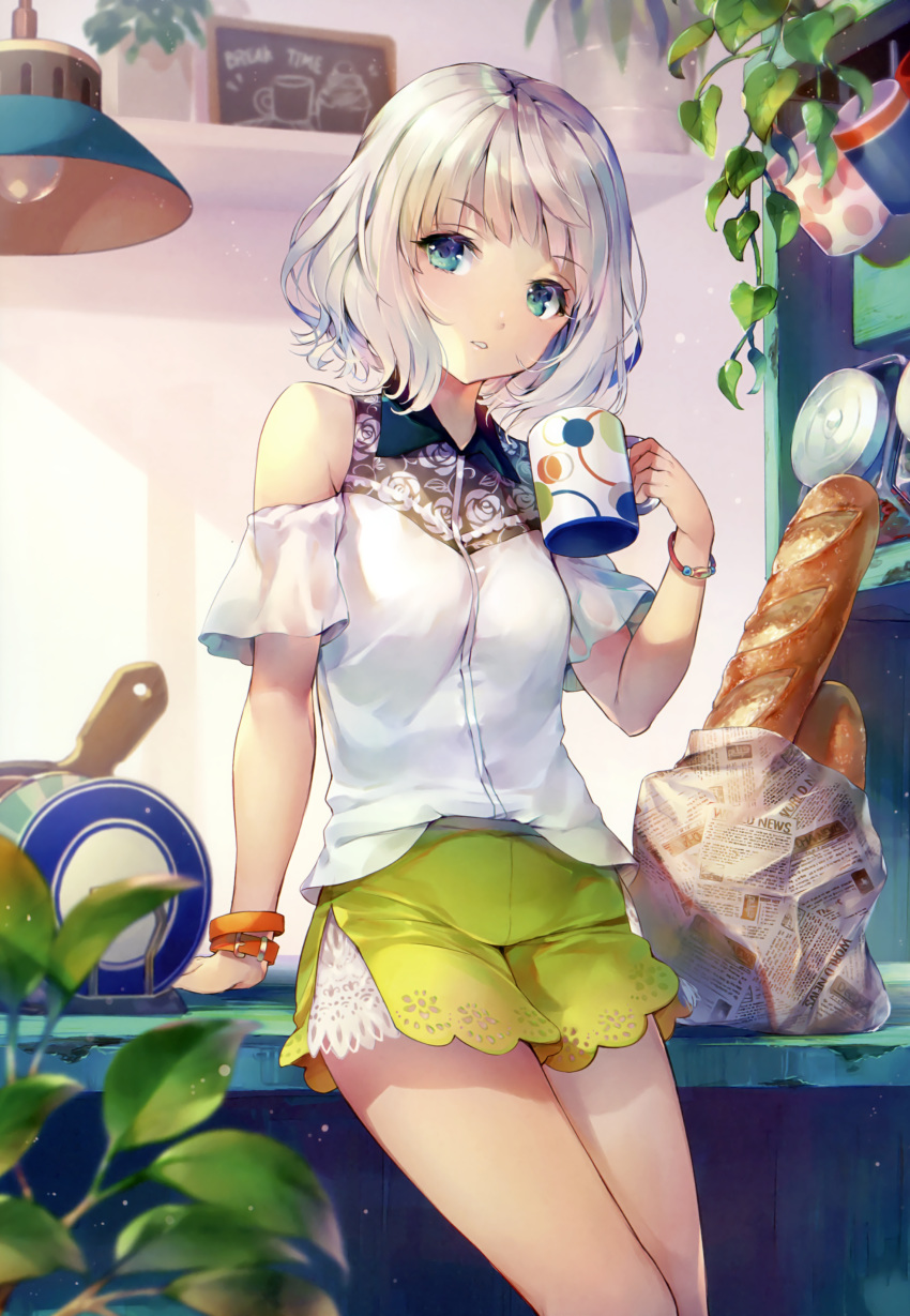 1girl absurdres bag baguette bangs blue_eyes blurry_foreground bracelet bread cup deecha detached_sleeves food green_shorts highres holding holding_cup indoors jewelry looking_at_viewer mug original paper_bag parted_lips shiny shiny_hair shirt short_hair short_shorts short_sleeves shorts silver_hair sitting solo white_shirt