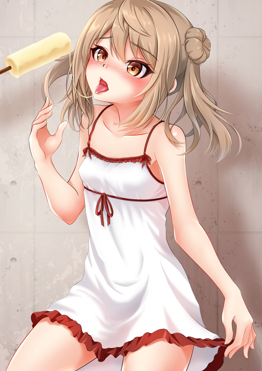 1girl absurdres alternate_costume blush breasts brown_eyes double_bun eyebrows_visible_through_hair food hair_between_eyes hair_ornament highres ice_cream kantai_collection long_hair makura_(user_jpmm5733) michishio_(kantai_collection) open_mouth sleepwear sleeveless small_breasts twintails