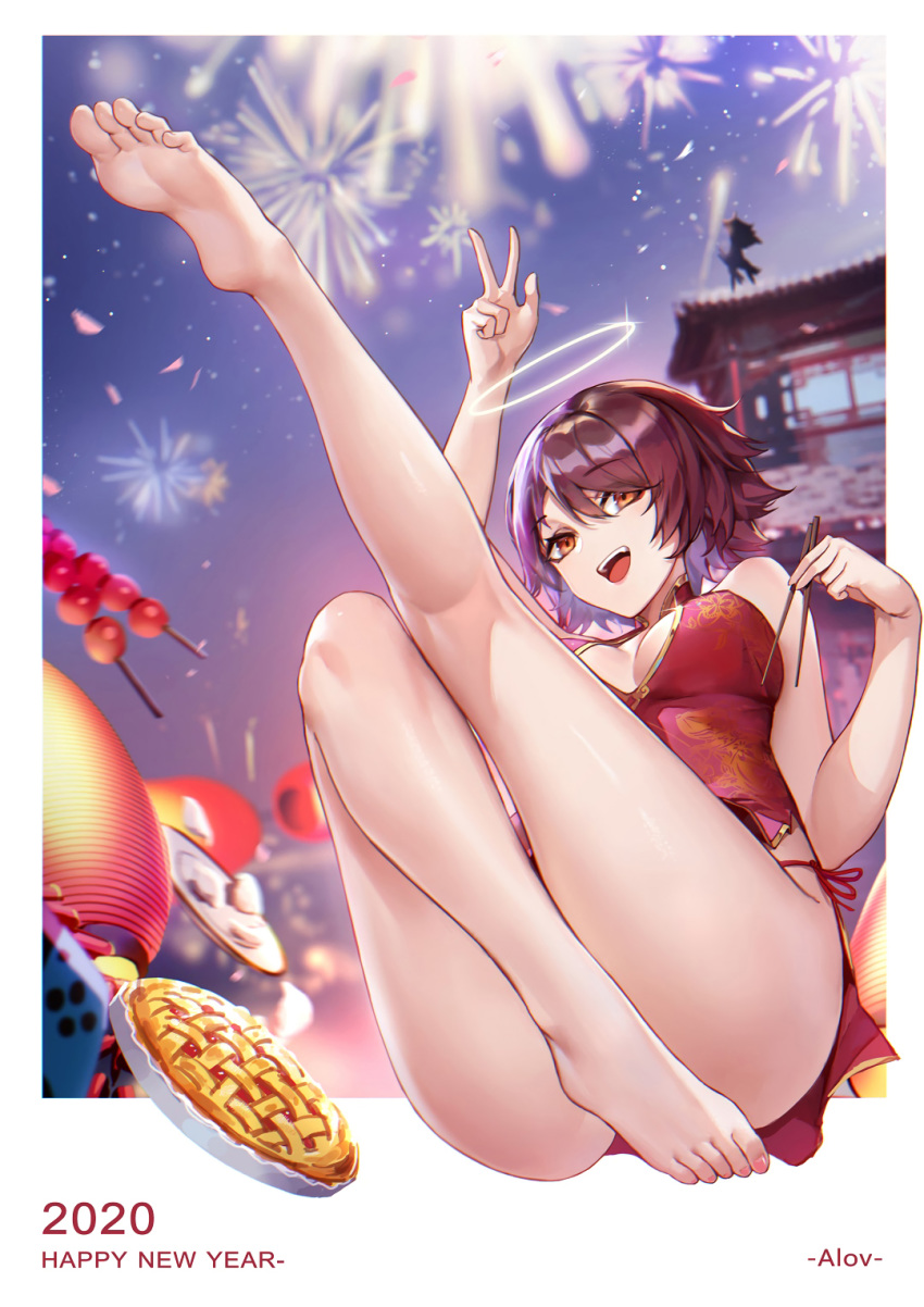 2020 :d alov apple_pie arknights arm_up artist_name ass bare_legs barefoot blurry breasts china_dress chinese_clothes chopsticks cropped depth_of_field dress exusiai_(arknights) eyebrows_visible_through_hair feet fireworks full_body glint halo happy_new_year highres lantern medium_breasts new_year open_mouth orange_eyes outdoors outside_border panties paper_lantern red_dress redhead short_dress short_hair side-tie_panties smile soles toenail_polish underwear w