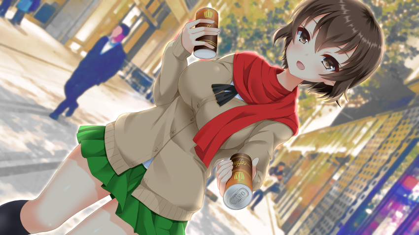 1girl absurdres backlighting bangs black_legwear black_neckwear brown_eyes brown_hair brown_sweater caesar_(girls_und_panzer) can cardigan dappled_sunlight dutch_angle girls_und_panzer giving highres holding holding_can incoming_drink kneehighs long_sleeves looking_at_viewer miniskirt multiple_others neckerchief ooarai_school_uniform open_mouth outdoors pleated_skirt red_scarf ryochapu scarf school_uniform short_hair skirt smile soda_can solo_focus standing sunlight sweater