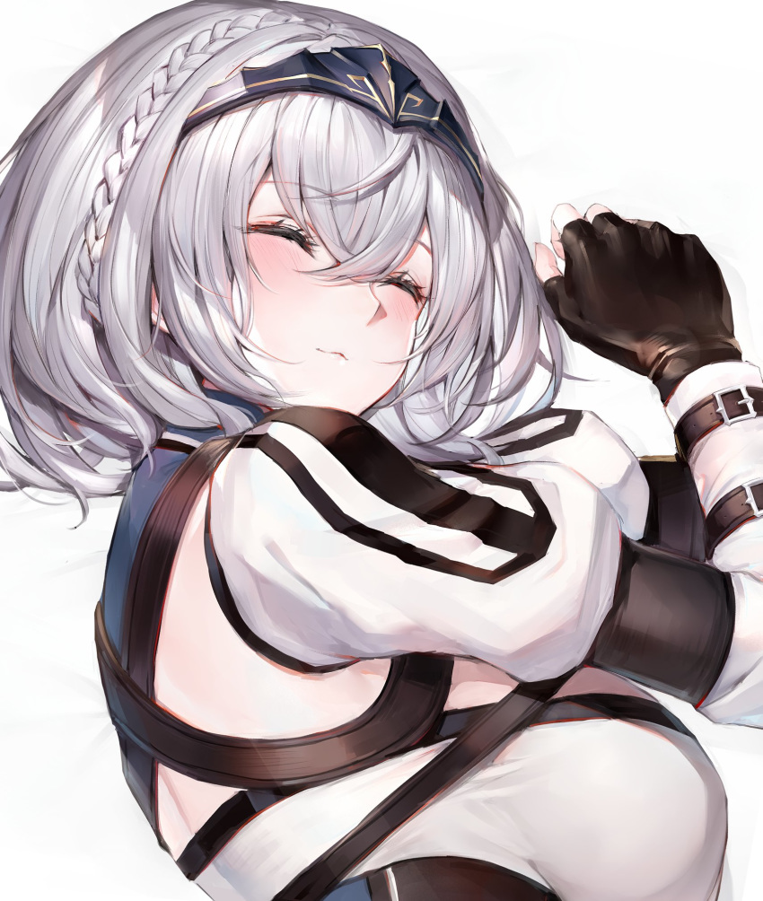 1girl bangs black_gloves blush braid breasts circlet closed_eyes closed_mouth commentary fingerless_gloves gloves gold_trim highres hololive large_breasts lying medium_hair official_art on_side oyu_(sijimisizimi) shirogane_noel simple_background smile solo upper_body virtual_youtuber white_background white_hair