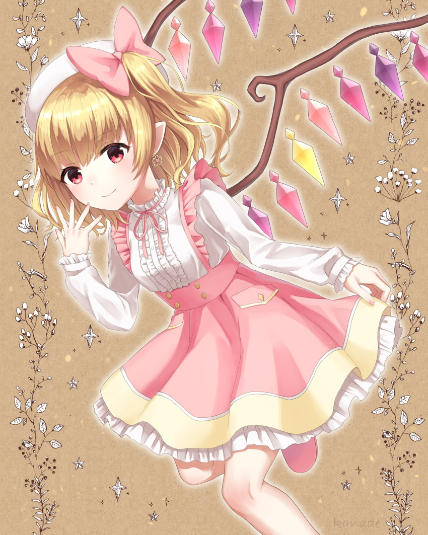 1girl alternate_costume alternate_headwear baby's-breath beret blonde_hair blouse blush bow brown_background commentary earrings eyebrows_visible_through_hair flandre_scarlet hair_ribbon hand_on_own_face hat highres jewelry kuroneko13x leaning_forward leg_lift long_sleeves one_side_up petticoat pink_bow pink_footwear pink_skirt pointy_ears ribbon short_hair skirt skirt_hold smile solo standing standing_on_one_leg star suspender_skirt suspenders touhou white_blouse white_headwear wings