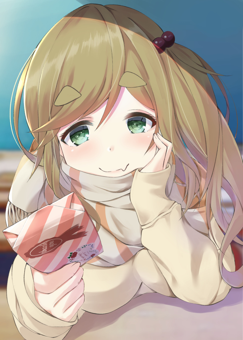 1girl absurdres box breasts eyebrows_visible_through_hair fang file112056 gift gift_box green_eyes hair_bobbles hair_ornament highres holding holding_box inuyama_aoi large_breasts looking_at_viewer scarf skin_fang solo thick_eyebrows yurucamp