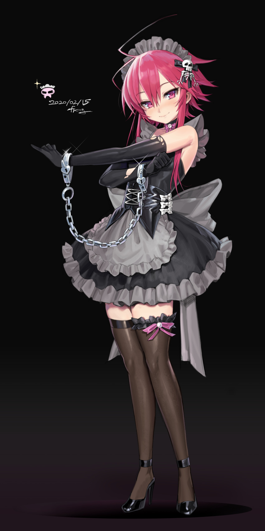1girl absurdres ahoge apron black_background black_gloves chain choker corset cross-laced_clothes dated dress elbow_gloves freng frilled_dress frills full_body gloves hair_ornament high_heels highres looking_at_viewer maid maid_apron maid_dress maid_headdress original pink_eyes redhead shiny shiny_clothes skull_hair_ornament smile solo thigh-highs waist_bow