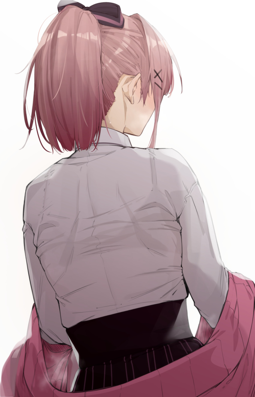 1girl blush bow bra bra_through_clothes cardigan clothes_down collared_shirt commentary_request facing_away from_behind hair_bow hair_ornament high-waist_skirt highres light_brown_hair medium_hair nape nijisanji pink_cardigan ponytail see-through shirt simple_background skirt solo steaming_body striped striped_bow suzuhara_lulu sweatdrop underwear undressing uno_ryoku upper_body vertical-striped_skirt vertical_stripes virtual_youtuber white_background x_hair_ornament