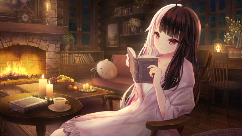 1girl ahoge alternate_hairstyle animal_pillow apple bangs black_hair blunt_bangs book book_stack bookmark bookshelf candle chair clock closed_mouth collarbone commentary_request couch cup desk eyebrows_visible_through_hair fire fireplace food fruit fruit_basket grapes holding holding_book lantern light light_smile long_hair missile228 multicolored_hair night nijisanji open_book orange_(food) painting_(object) pajamas pink_eyes pink_hair plant plate potted_plant reading rug scenery sitting solo streaked_hair table teacup very_long_hair white_hair window wooden_floor yorumi_rena