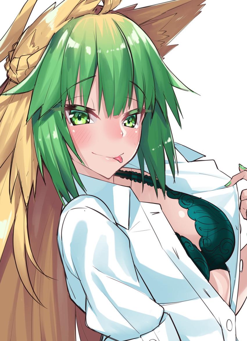 1girl :p ahoge alternate_costume animal_ear_fluff animal_ears atalanta_(fate) blonde_hair blush bra breasts cat_ears fate/apocrypha fate/grand_order fate_(series) green_bra green_eyes green_hair highres long_hair looking_at_viewer multicolored_hair scrunchie self_exposure small_breasts solo tongue tongue_out unbuttoned unbuttoned_shirt underwear watosu watosu_(watosu_mama) white_background wrist_scrunchie