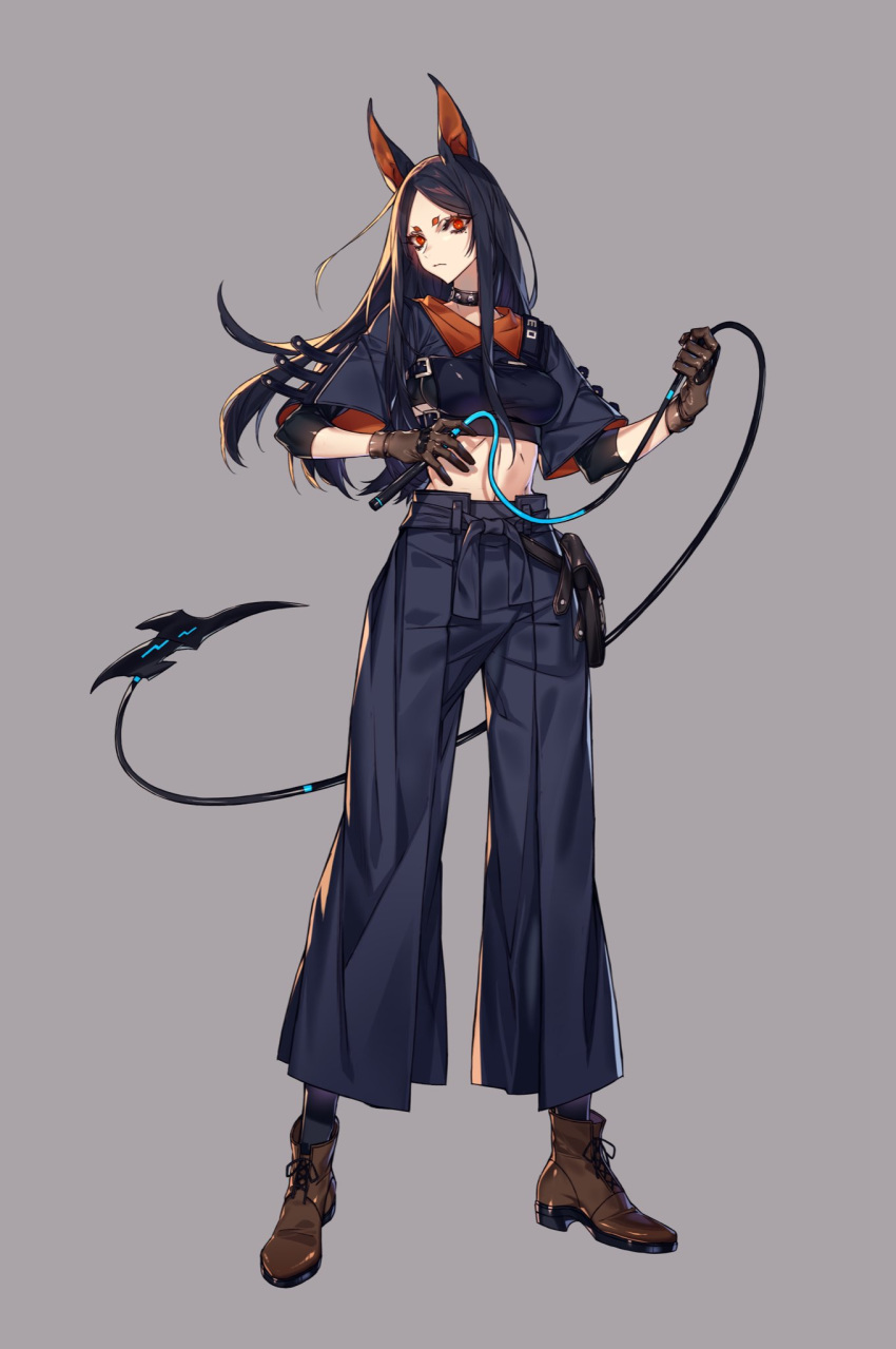 1girl animal_ears arknights black_choker black_hair brown_footwear brown_gloves choker closed_mouth dobermann_(arknights) gloves grey_background hachizowo highres holding holding_weapon holding_whip long_hair mole mole_under_eye navel pouch red_eyes short_eyebrows simple_background solo standing weapon whip