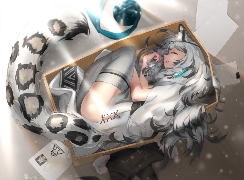 1girl albreo animal_ears arknights black_hair box braid cardboard_box dress english_commentary grey_hair grey_legwear headpiece highres in_box in_container leopard_ears leopard_tail light_particles light_rays long_hair lying messy_hair multicolored_hair on_side pramanix_(arknights) profile sleeping solo sunbeam sunlight tail thigh-highs twin_braids white_dress