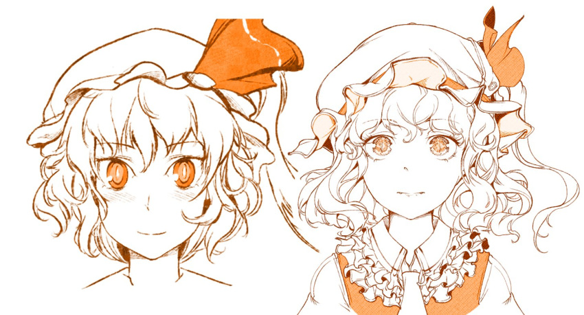 bow flandre_scarlet frilled_shirt_collar frills hat hiyuu_(flying_bear) looking_at_viewer medium_hair monochrome one_side_up orange_theme revision ribbon short_hair simple_background smile touhou wavy_hair white_background