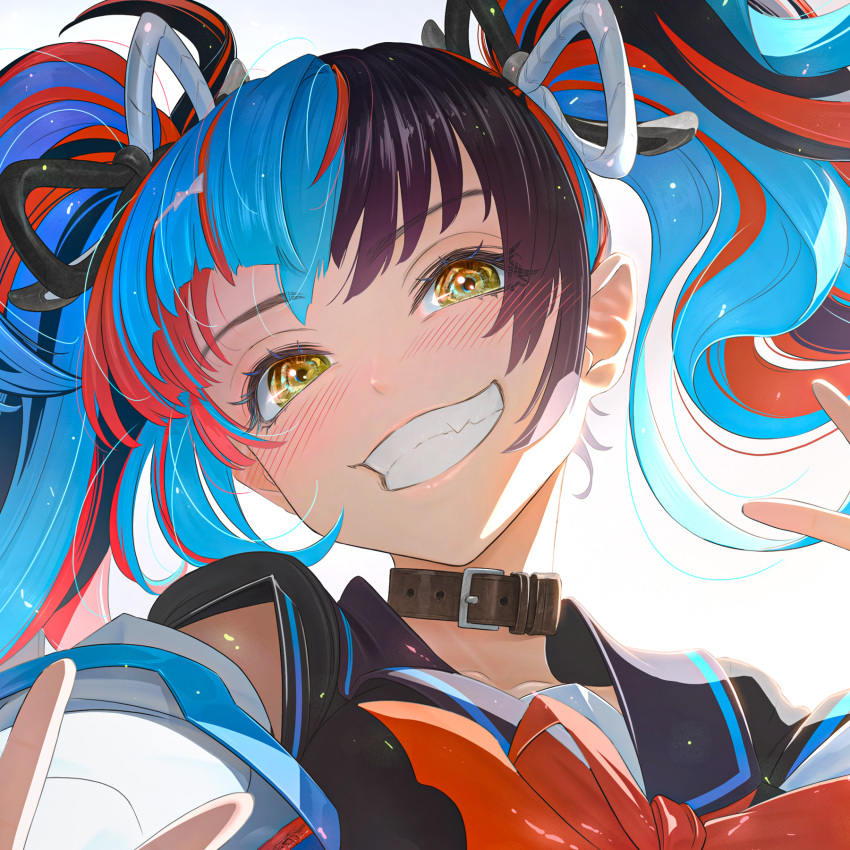 1girl bangs black_hair black_ribbon black_sailor_collar black_shirt blue_hair blush bow bowtie choker close-up collar commentary_request double_v fang fate/grand_order fate_(series) grin hair_ribbon head_tilt highres imizu_(nitro_unknown) jacket japanese_clothes leather_choker light_particles light_rays looking_at_viewer multicolored_hair off-shoulder_jacket open_clothes open_jacket open_mouth red_neckwear redhead ribbon sailor_collar sei_shounagon_(fate) shadow shiny shiny_clothes shiny_hair shiny_skin shirt sleeveless sleeveless_shirt smile solo teeth two-tone_ribbon v white_jacket white_ribbon yellow_eyes