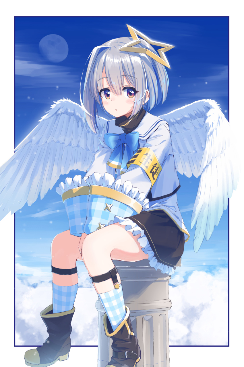 1girl amane_kanata angel_wings armband between_legs blue_ribbon boots clouds hair_between_eyes hair_ribbon hand_between_legs highres hololive looking_at_viewer mikuru_ism moon pillar ribbon school_uniform short_hair silver_hair sitting sky solo virtual_youtuber wings yellow_eyes