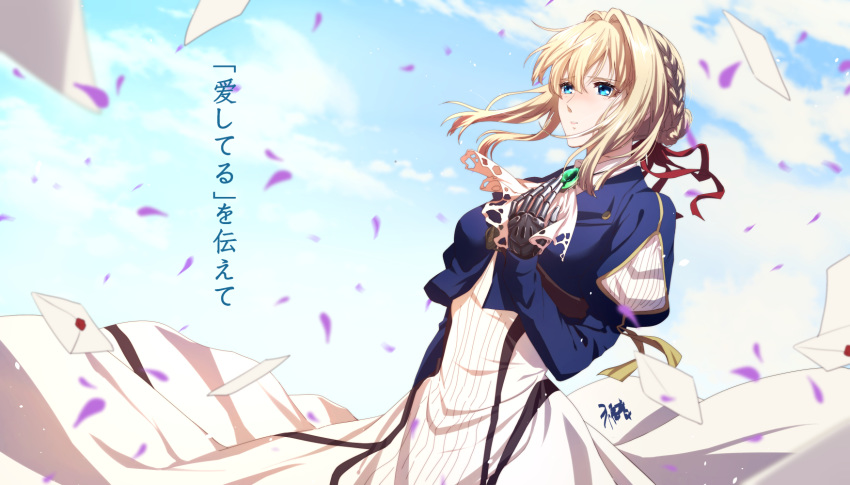 1girl ascot bangs blonde_hair blue_eyes blue_jacket blue_sky blush braid breasts brooch clouds cloudy_sky commentary_request day dress envelope eyebrows_visible_through_hair gogatsu_fukuin hair_between_eyes hair_bun hair_intakes hair_ribbon highres jacket jewelry juliet_sleeves long_sleeves looking_away outdoors parted_lips petals puffy_sleeves red_ribbon ribbon sidelocks sky small_breasts solo translation_request violet_evergarden violet_evergarden_(character) white_dress white_neckwear