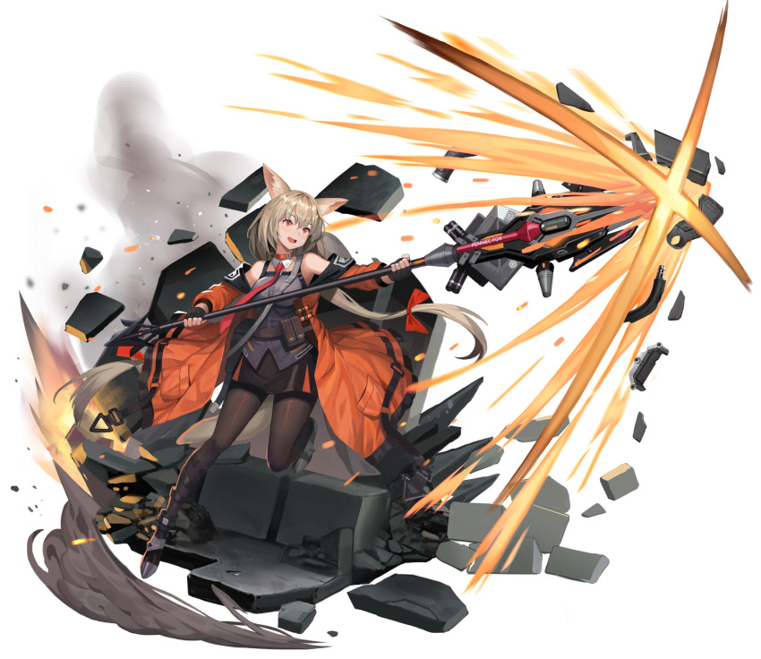 1girl ammunition animal_ears belt blonde_hair boots bow breasts coat collar concept_art english_commentary explosion eyebrows_visible_through_hair fingerless_gloves fox_ears fox_tail full_body gloves hair_bow highres holding holding_weapon leg_up long_coat long_hair medium_breasts miniskirt necktie off_shoulder open_clothes open_coat open_mouth orange_coat original pantyhose polearm pouch rainmood red_bow red_collar red_eyes red_neckwear rubble simple_background skirt smile smoke solo split_ponytail tail very_long_hair weapon white_background