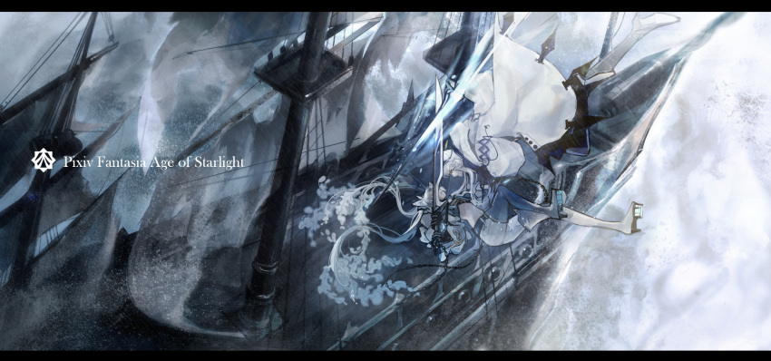 animal_ears battle belt highres midair midriff navel odasakunosuke outdoors pixiv_fantasia pixiv_fantasia_age_of_starlight ship sword twintails watercraft weapon white_robe