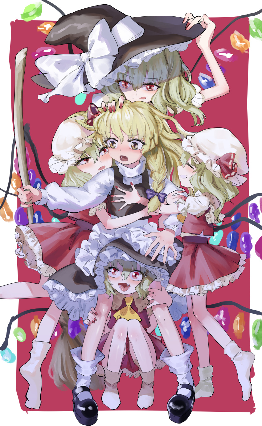 5girls :d :o :q absurdres apron bare_legs between_legs black_footwear black_headwear black_skirt black_vest blonde_hair blush bow braid breast_grab broom closed_eyes crystal dress facing_another fang flandre_scarlet four_of_a_kind_(touhou) frilled_apron frilled_dress frilled_skirt frills full_body grabbing grin gunnjou_yosio hair_between_eyes hair_bow hand_on_another's_head hat hat_bow hat_removed hat_ribbon headwear_removed headwear_switch highres holding holding_broom hug hug_from_behind huge_filesize kirisame_marisa knees_together_feet_apart leg_grab legs_apart locked_arms long_sleeves looking_at_another looking_back mary_janes multiple_girls no_shoes open_mouth puffy_short_sleeves puffy_sleeves purple_bow red_eyes red_nails red_ribbon red_skirt red_vest restrained ribbon shirt shoes short_sleeves side_ponytail single_braid skirt slit_pupils smile socks squatting tongue tongue_out touhou under_skirt vampire vest waist_apron white_apron white_bow white_legwear white_shirt wings witch witch_hat yellow_eyes yuri