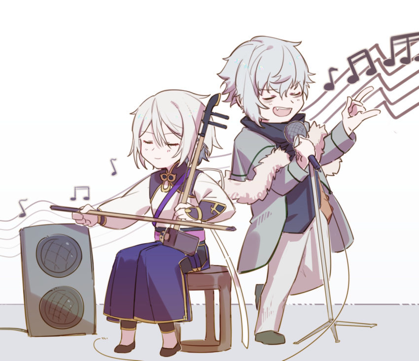 2boys chibi chinese_clothes closed_eyes csyko erhu fang fate/grand_order fate_(series) gao_changgong_(fate) grey_hair hair_between_eyes instrument kadoc_zemlupus male_focus microphone multiple_boys music no_mask playing_instrument silver_hair singing sitting turtleneck wavy_hair