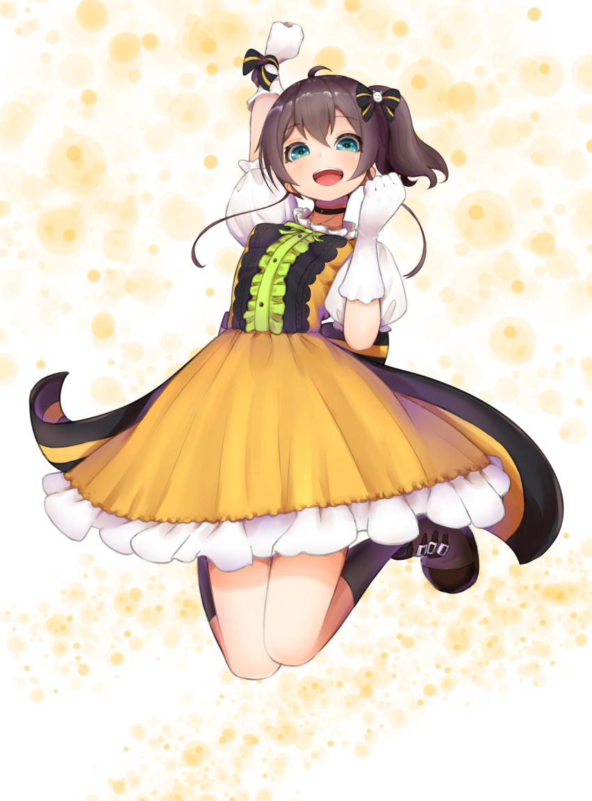 1girl absurdres ahoge arm_up black_legwear blue_eyes boots bow breasts brown_footwear bubble_background choker collar dress eyebrows_visible_through_hair frilled_collar frills full_body gloves hair_bow highres hololive jumping kneehighs looking_at_viewer lunch_boxer natsuiro_matsuri open_mouth patterned_background puffy_short_sleeves puffy_sleeves raised_fist short_hair short_sleeves side_ponytail small_breasts smile solo thighs virtual_youtuber white_gloves yellow_dress