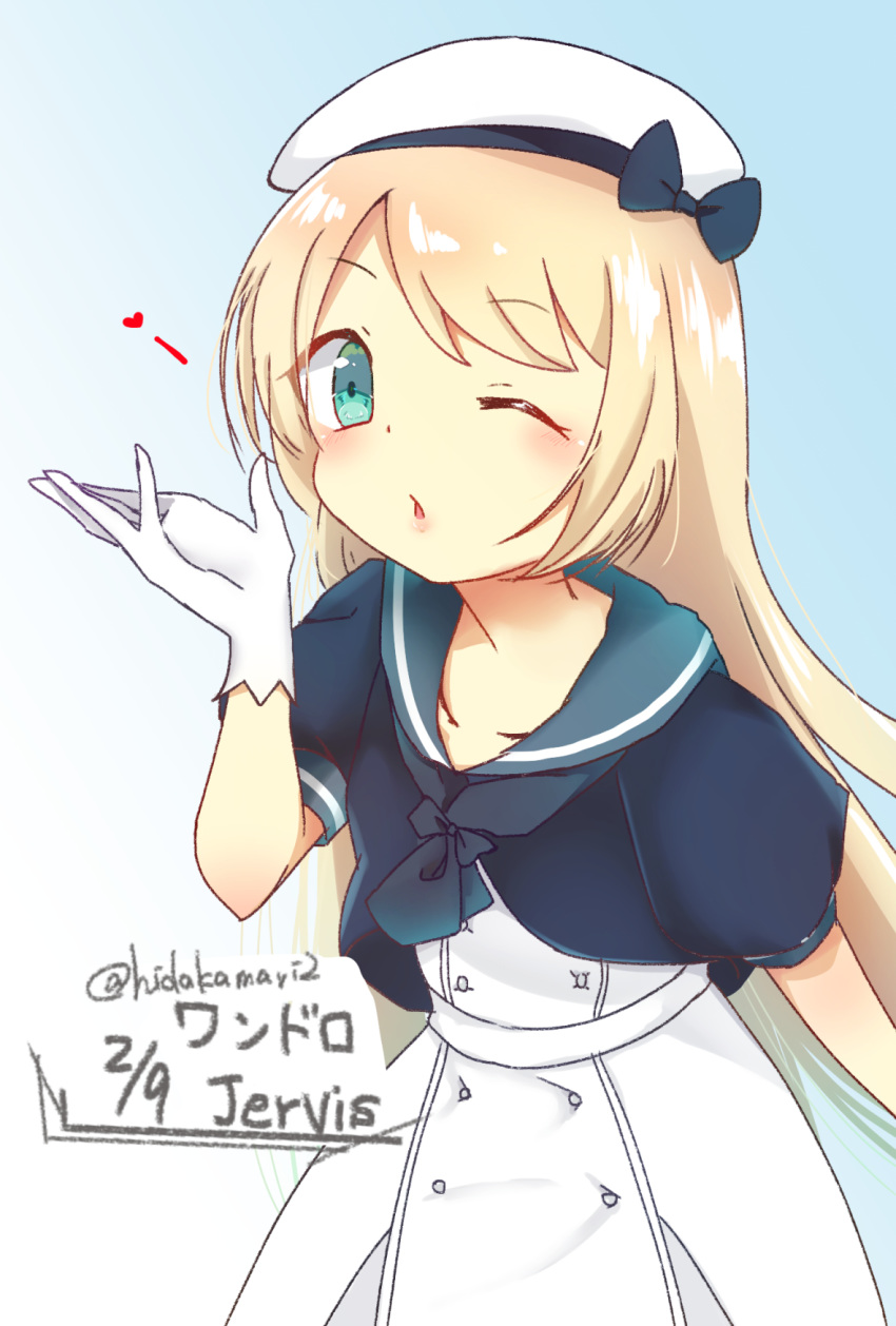 1girl blonde_hair blown_kiss blue_background blue_eyes blue_sailor_collar character_name commentary_request dated dress gloves gradient gradient_background hat hidaka_mari highres jervis_(kantai_collection) kantai_collection long_hair looking_at_viewer sailor_collar sailor_dress sailor_hat solo twitter_username white_background white_dress white_gloves white_headwear