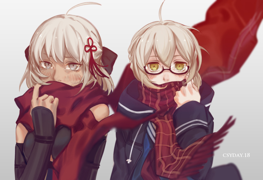 2girls ahoge artoria_pendragon_(all) blonde_hair blush covered_mouth csyko dark_skin fate/grand_order fate_(series) hair_between_eyes holding_scarf hood hooded_jacket jacket koha-ace long_hair multiple_girls mysterious_heroine_x_(alter) okita_souji_(alter)_(fate) okita_souji_(fate)_(all) plaid plaid_scarf red_scarf scarf semi-rimless_eyewear tassel white_hair yellow_eyes