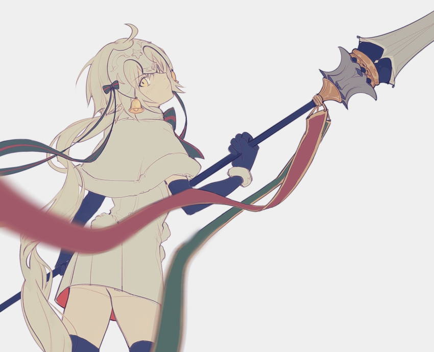 1girl ahoge black_gloves black_legwear blurry_foreground capelet csyko elbow_gloves fate/grand_order fate_(series) flat_color from_behind fur_trim gloves grey_background head_tilt headpiece highres holding holding_spear holding_weapon jeanne_d'arc_(fate)_(all) jeanne_d'arc_alter_santa_lily long_hair looking_back muted_color polearm simple_background solo spear thigh-highs weapon yellow_eyes younger