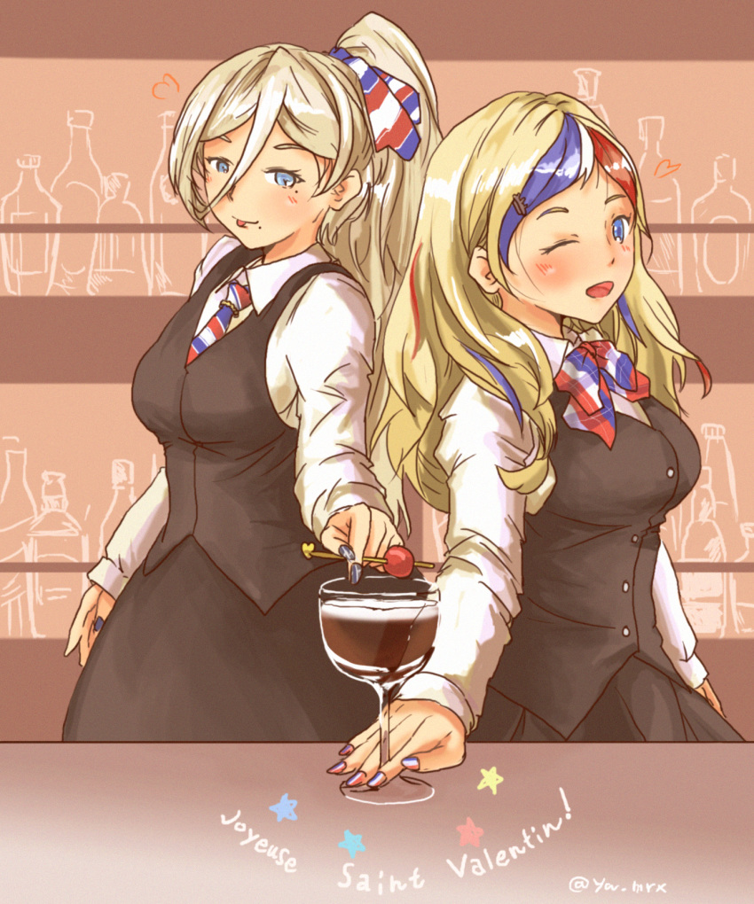 2girls alternate_costume anchor_hair_ornament bangs bartender blonde_hair blue_eyes blue_hair brown_skirt brown_vest collared_shirt commandant_teste_(kantai_collection) commentary_request french_flag french_text hair_between_eyes hair_ornament highres kantai_collection long_hair mole mole_under_eye mole_under_mouth multicolored multicolored_hair multicolored_nails multiple_girls neckwear redhead richelieu_(kantai_collection) shirt skirt streaked_hair swept_bangs thrux tongue tongue_out translated vest white_hair white_shirt