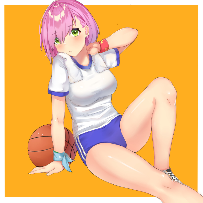 1girl absurdres bangs basketball blue_shorts blush breasts commentary_request eyebrows_visible_through_hair green_eyes highres large_breasts looking_at_viewer original pink_hair shirt short_hair short_sleeves shorts simple_background sitting sportswear white_shirt xubai
