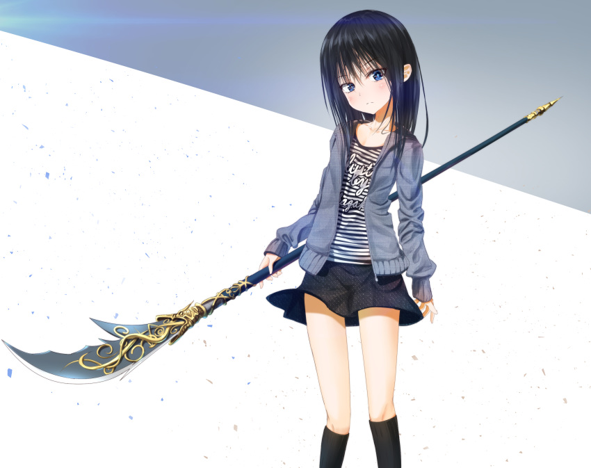 1girl absurdres bangs black_legwear black_shirt black_skirt blue_eyes blush collarbone commentary_request eyebrows_visible_through_hair frown grey_background guan_dao highres holding holding_weapon jacket kneehighs long_hair long_sleeves looking_at_viewer original polearm sakazakinchan shirt simple_background skirt solo striped striped_shirt two-tone_background weapon white_background white_shirt