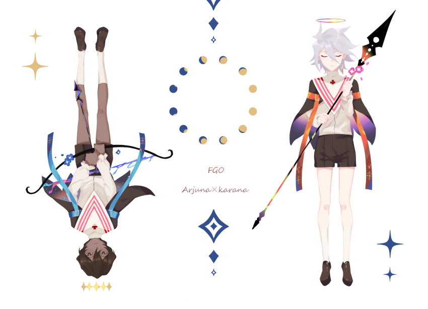 2boys 676643396dolce arjuna_(fate/grand_order) black_shorts bow_(weapon) brown_eyes brown_hair capelet closed_eyes dark_skin dark_skinned_male fate/apocrypha fate_(series) halo highres holding holding_bow_(weapon) holding_spear holding_weapon karna_(fate) moon_phases multiple_boys polearm rotational_symmetry shirt shorts sparkle spear upside-down weapon white_hair white_shirt younger