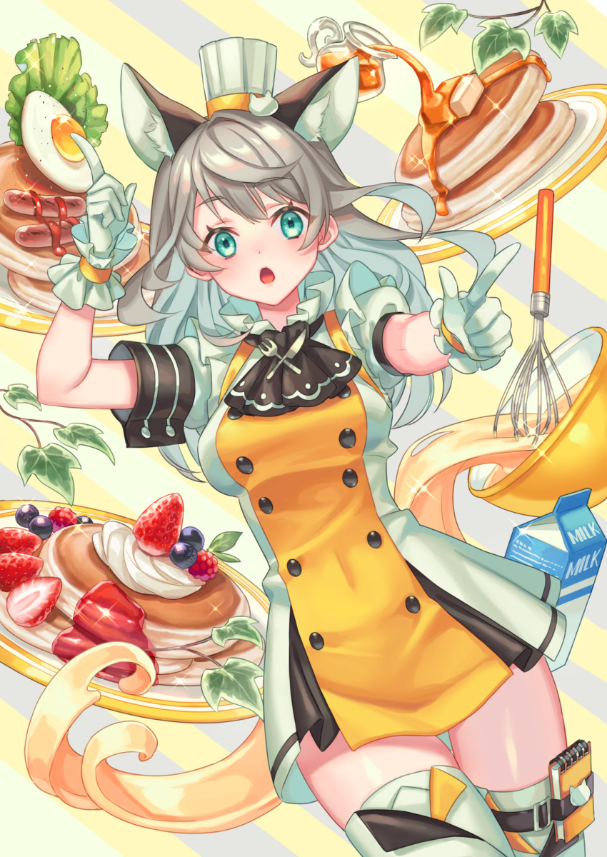 1girl :o animal_ear_fluff animal_ears ascot bangs batter black_neckwear blue_eyes blueberry bowl breasts butter buttons cat_ears cat_hair_ornament chef_hat collar commentary_request cowboy_shot diagonal-striped_background diagonal_stripes dress eyebrows_visible_through_hair food fork frilled_collar frills fruit gloves hair_ornament hands_up hat highres holster index_fingers_raised ketchup knife large_breasts leaf long_hair looking_at_viewer milk_carton mixing_bowl notepad original pancake plate raspberry sausage short_sleeves sidelocks silver_hair solo sparkle stack_of_pancakes strawberry striped striped_background sunny_side_up_egg sweets syrup thigh-highs thigh_holster two-tone_dress whipped_cream whisk white_dress white_gloves white_legwear wrist_cuffs yellow_dress zettai_ryouiki zoff_(daria)