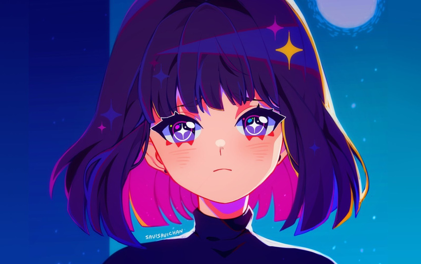 1girl artist_name bishoujo_senshi_sailor_moon blue_background blush closed_mouth colored_inner_hair derivative_work eyebrows_visible_through_hair looking_at_viewer moon multicolored_hair pink_hair portrait purple_hair savi_(byakushimc) screencap_redraw short_hair simple_background solo sparkle sparkling_eyes sweater symbol_commentary tomoe_hotaru twitter_username two-tone_hair violet_eyes