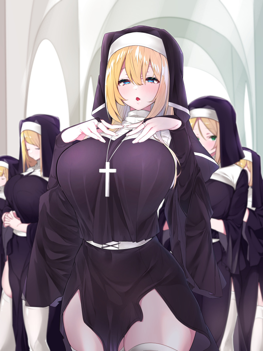 5girls absurdres blonde_hair blue_eyes blurry breasts covered_navel cross cross_necklace curvy depth_of_field habit highres huge_breasts jewelry large_breasts long_hair looking_at_viewer mitsudoue multiple_girls necklace nun original parted_lips ring thick_thighs thigh-highs thighs white_legwear wide_hips