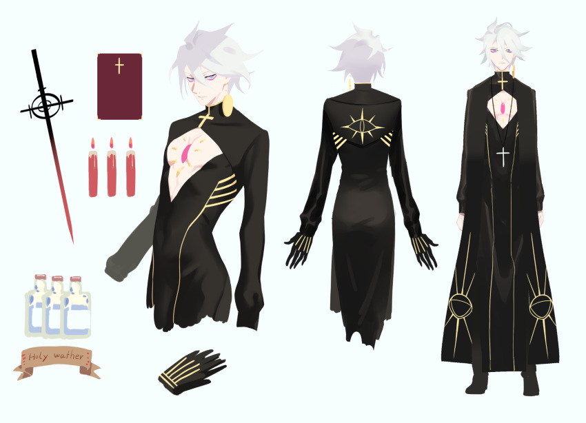 676643396dolce black_gloves blue_eyes bodysuit book bottle candle character_sheet chest_jewel cleavage_cutout cross cross_necklace eye_symbol eyeshadow fate/apocrypha fate/grand_order fate_(series) gloves highres holy_water jewelry karna_(fate) makeup male_focus necklace priest red_eyeshadow single_earring sword vasavi_shakti weapon white_hair