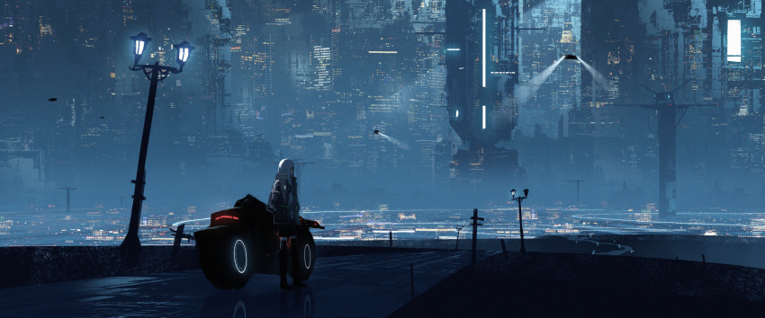 1girl absurdres antennae asteroid_ill building city_lights flying hands_in_pockets highres iz_(asteroid_ill) jacket lamppost lights long_hair looking_to_the_side neon_trim original outdoors reflection road scenery science_fiction solo standing unamused white_hair