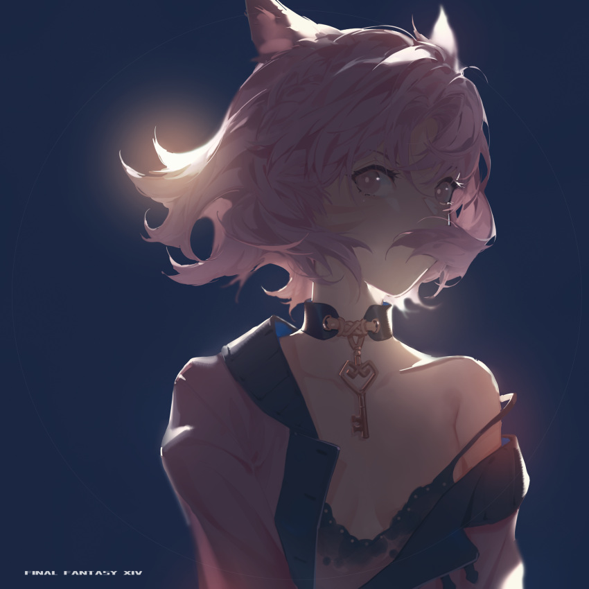 1girl animal_ears backlighting bangs bare_shoulders breasts cat_ears collar collarbone copyright_name covered_mouth facial_mark final_fantasy final_fantasy_xiv floating_hair hair_over_mouth highres juliet_sleeves key long_sleeves looking_at_viewer miqo'te off_shoulder open_clothes pink_eyes pink_hair puffy_sleeves see-through_silhouette short_hair sideways_glance small_breasts sola7764 solo strap_slip unbuttoned upper_body