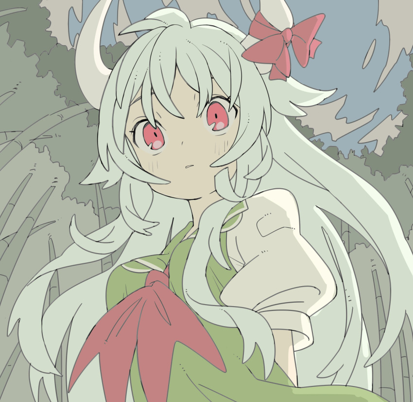 1girl bamboo bamboo_forest banana_takemura bow clouds commentary dress ex-keine forest green_dress green_hair highres horn_bow horns kamishirasawa_keine long_hair looking_at_viewer nature night outdoors puffy_short_sleeves puffy_sleeves red_bow red_eyes red_neckwear shirt short_sleeves solo touhou upper_body white_shirt