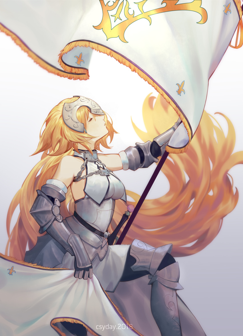 1girl armor bare_shoulders blonde_hair braid closed_eyes collar csyko fate/apocrypha fate/grand_order fate_(series) faulds flag gauntlets hair_down headpiece highres holding holding_flag impossible_clothes impossible_shirt jeanne_d'arc_(fate) jeanne_d'arc_(fate)_(all) long_hair metal_collar plackart shirt solo standard_bearer very_long_hair