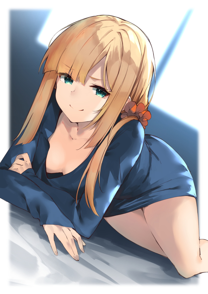 1girl backlighting bangs blonde_hair blue_shirt blurry blurry_background blush breasts closed_mouth collarbone fate_(series) green_eyes hair_ornament hair_scrunchie highres long_hair long_sleeves looking_at_viewer lord_el-melloi_ii_case_files lying on_stomach reines_el-melloi_archisorte scrunchie shirt small_breasts smile solo thighs window yuuuuu