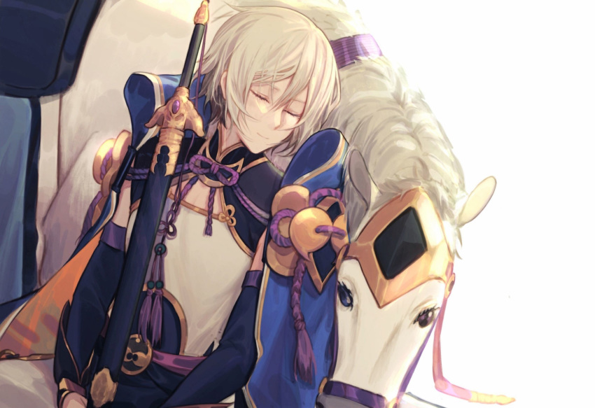 1boy chinese_clothes closed_eyes closed_mouth csyko fate/grand_order fate_(series) gao_changgong_(fate) grey_hair hair_between_eyes highres horse male_focus no_mask sheath sheathed silver_hair sleeping smile solo sword weapon