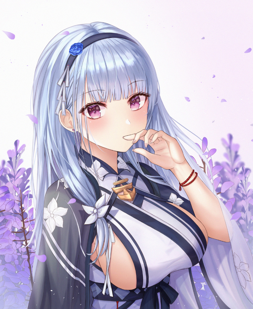 1girl azur_lane bangs blue_cloak blush breasts cloak dido_(azur_lane) field floral_print flower flower_field funii gradient gradient_background hair_flower hair_ornament hairband highres japanese_clothes kimono large_breasts lavender_(flower) light_blue_hair long_hair looking_at_viewer sash sideboob solo violet_eyes white_kimono