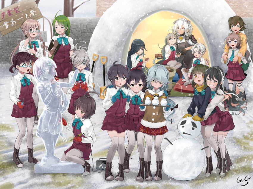 6+girls :d :t absurdres ahoge akishimo_(kantai_collection) asashimo_(kantai_collection) asymmetrical_bangs asymmetrical_hair bangs bare_tree black_gloves black_hair black_legwear black_ribbon blazer blue-framed_eyewear blue_eyes blue_gloves blue_hair blue_jacket blue_neckwear blunt_bangs blush bob_cut boots bow bowl bowtie braid breasts brick_wall brown_eyes brown_gloves brown_hair brown_scarf brown_sweater chisel chopsticks clenched_hands clipboard collar commentary_request cross-laced_footwear crown_braid cushion dark_skin double_bun dress eating eyebrows_visible_through_hair fingerless_gloves flat_chest fujinami_(kantai_collection) full_body fur-trimmed_sweater gegeron glasses gloves gradient_eyes gradient_hair green_eyes green_hair green_hakama grey_eyes grey_eyes grey_hair grey_legwear griddle grill grin hair_between_eyes hair_bun hair_ornament hair_over_eyes hair_over_one_eye hair_ribbon hairband hakama hakama_skirt halterneck hamanami_(kantai_collection) hand_on_another's_shoulder hayanami_(kantai_collection) hayashimo_(kantai_collection) headgear highres hime_cut hiryuu_(kantai_collection) holding holding_bowl holding_chopsticks holding_clipboard holding_sign horror_(expression) hug hug_from_behind huge_filesize ice_sculpture indian_style jacket japanese_clothes kantai_collection kazagumo_(kantai_collection) kikumon kimono kishinami_(kantai_collection) kiyoshimo_(kantai_collection) lace-up_boots large_breasts leaf_hair_ornament long_hair long_sleeves looking_at_another looking_at_viewer low_twintails makigumo_(kantai_collection) medium_breasts mochi mole mole_under_mouth multicolored multicolored_eyes multicolored_hair multiple_girls musashi_(kantai_collection) naganami_(kantai_collection) necktie okinami_(kantai_collection) one_side_up open_mouth outdoors pantyhose pink_hair plaid plaid_skirt pleated_skirt pointy_hair ponytail purple_hair purple_skirt quinzhee red_eyes red_gloves remodel_(kantai_collection) ribbon round_eyewear scarf school_uniform semi-rimless_eyewear shirt short_hair short_hair_with_long_locks short_sleeves shovel side_ponytail sidelocks sign signature silver_hair single_braid single_thighhigh sitting sitting_on_lap sitting_on_person skirt sleeves_rolled_up small_breasts smile snow snow_shelter snowing snowman squatting standing surprised sweat sweater takanami_(kantai_collection) tan tatami thigh-highs translation_request tree tsurime turn_pale twintails two_side_up very_long_hair vest violet_eyes white_hair white_hairband white_ribbon white_shirt yellow_eyes yellow_kimono yuugumo_(kantai_collection) zabuton zettai_ryouiki