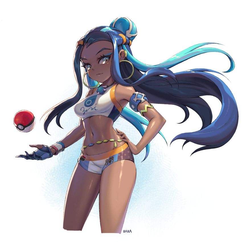 1girl bara_(totocos) black_hair blue_eyes blue_gloves breasts bun_cover chain crop_top dark_skin ear_clip earrings gloves groin gym_leader hair_bun hand_on_hip highres hoop_earrings jewelry long_hair looking_at_viewer midriff navel poke_ball poke_ball_(generic) pokemon pokemon_(game) pokemon_swsh rurina_(pokemon) short_shorts shorts single_glove smile solo sportswear tank_top thighs white_shorts white_tank_top wristband