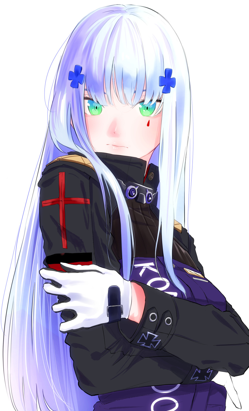 1girl absurdres facial_mark girls_frontline gloves green_eyes highres hk416_(girls_frontline) iron_cross long_hair looking_at_viewer oze_(xyz_go_go11) silver_hair solo white_background white_gloves